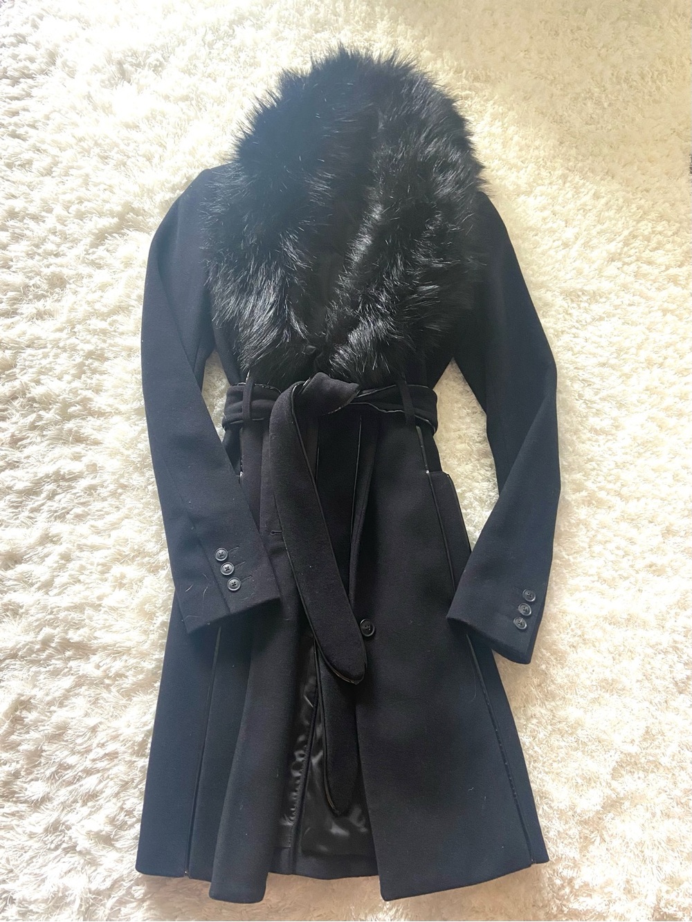 Marciano Black Belted Long Winter Coat with Faux Fur Collar